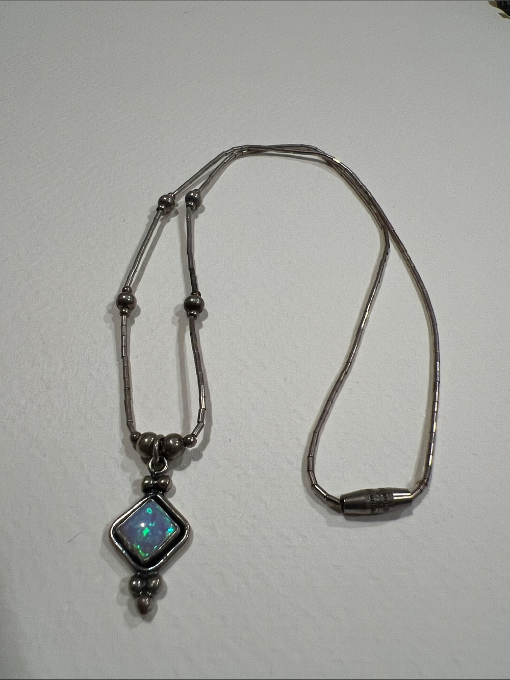 5 Star Sterling Silver Opal Pendant Necklace - Blue-Green Opalescent